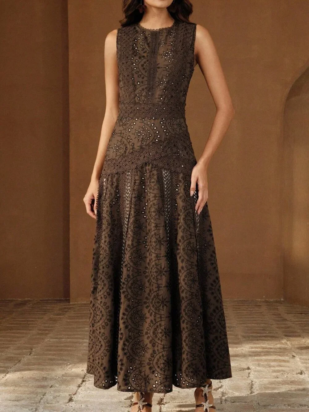 Coffee Brown Party Women's Sleeveless Hollow-Out Elegant Slim Fit Dress